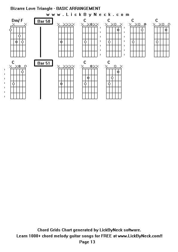 Chord Grids Chart of chord melody fingerstyle guitar song-Bizarre Love Triangle - BASIC ARRANGEMENT,generated by LickByNeck software.